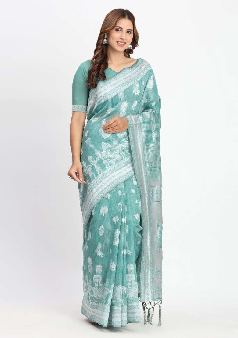 Green Embroidered Cotton Saree Set - Indya