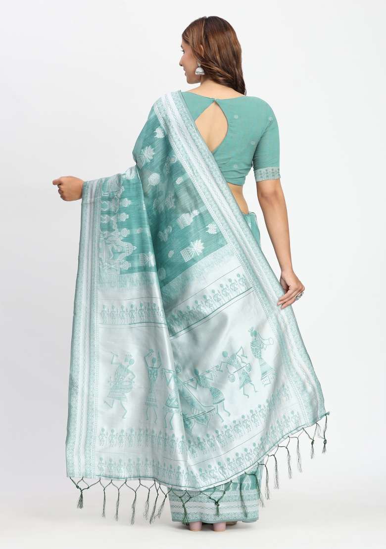 Green Embroidered Cotton Saree Set - Indya