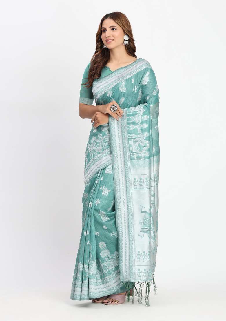 Green Embroidered Cotton Saree Set - Indya