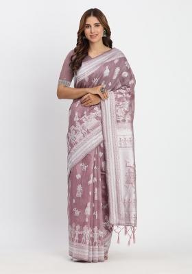 Purple Embroidered Cotton Saree Set