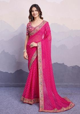Pink Embroidered faux georgette Saree Set