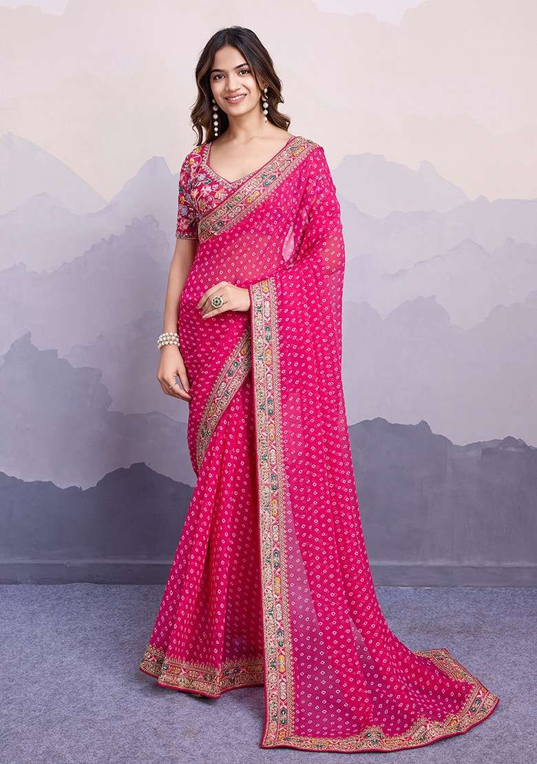 Pink Embroidered faux georgette Saree Set for Diwali and Festive Wear - Indya