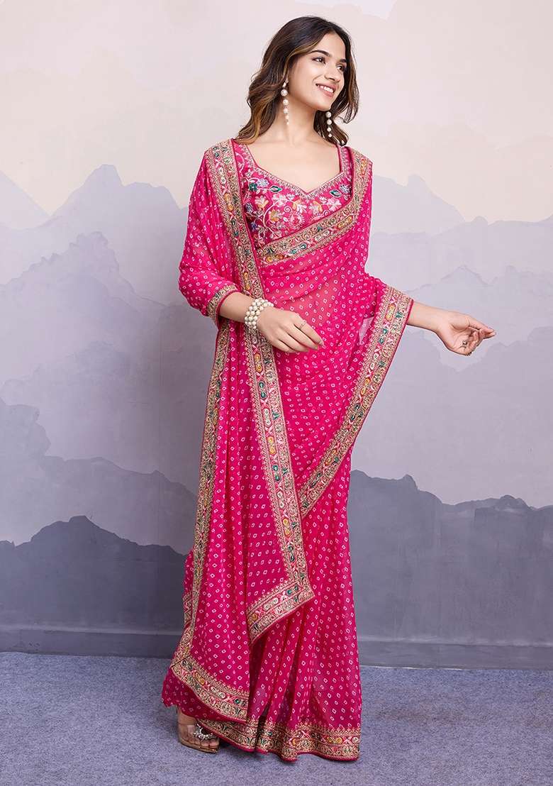 Pink Embroidered faux georgette Saree Set for Diwali and Festive Wear - Indya