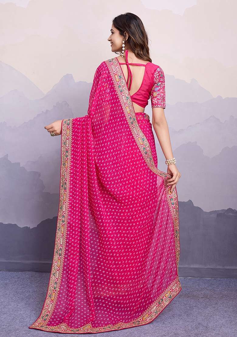 Pink Embroidered faux georgette Saree Set for Diwali and Festive Wear - Indya
