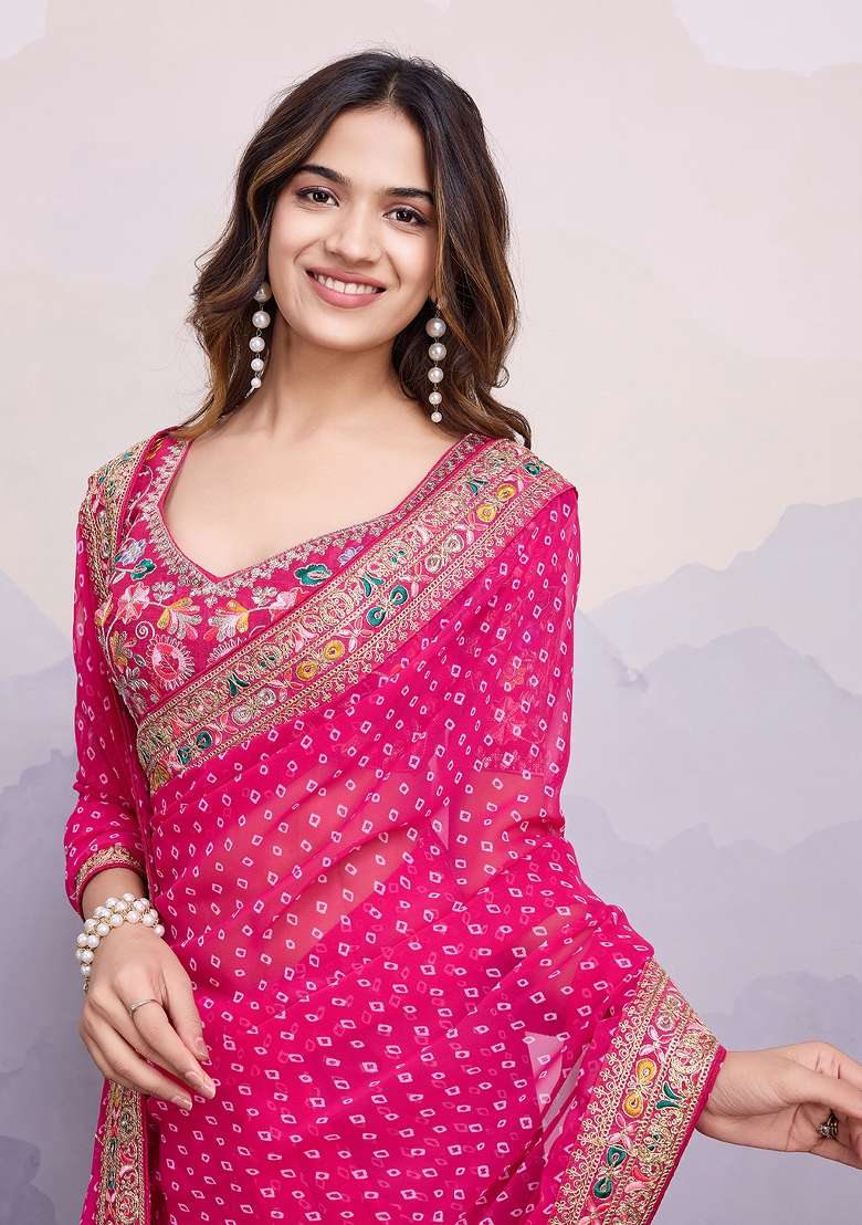 Pink Embroidered faux georgette Saree Set for Diwali and Festive Wear - Indya