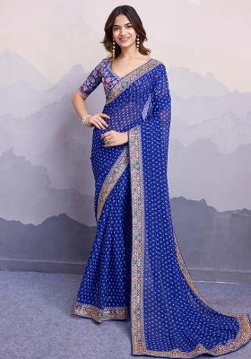 Blue Embroidered faux georgette Saree Set