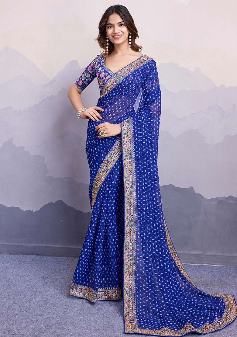 Blue faux georgette Saree Set with Embroidered for Diwali | Wedding & Festive Wear - Indya