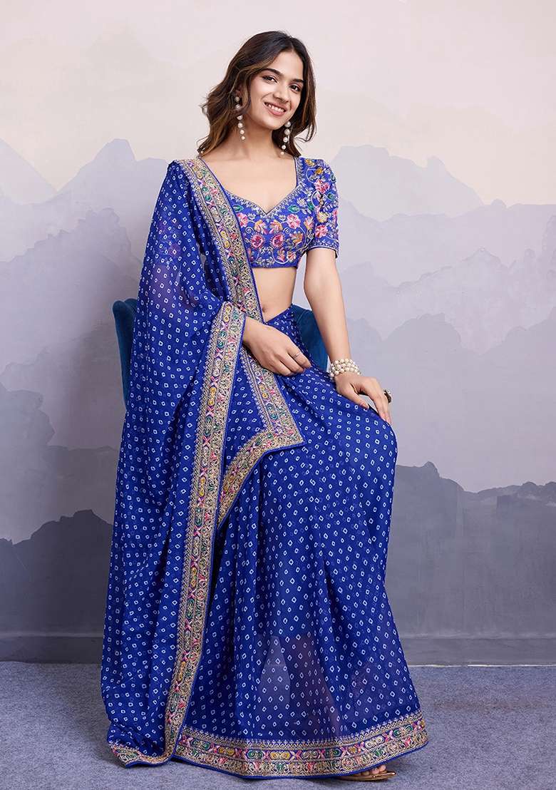 Blue faux georgette Saree Set with Embroidered for Diwali | Wedding & Festive Wear - Indya