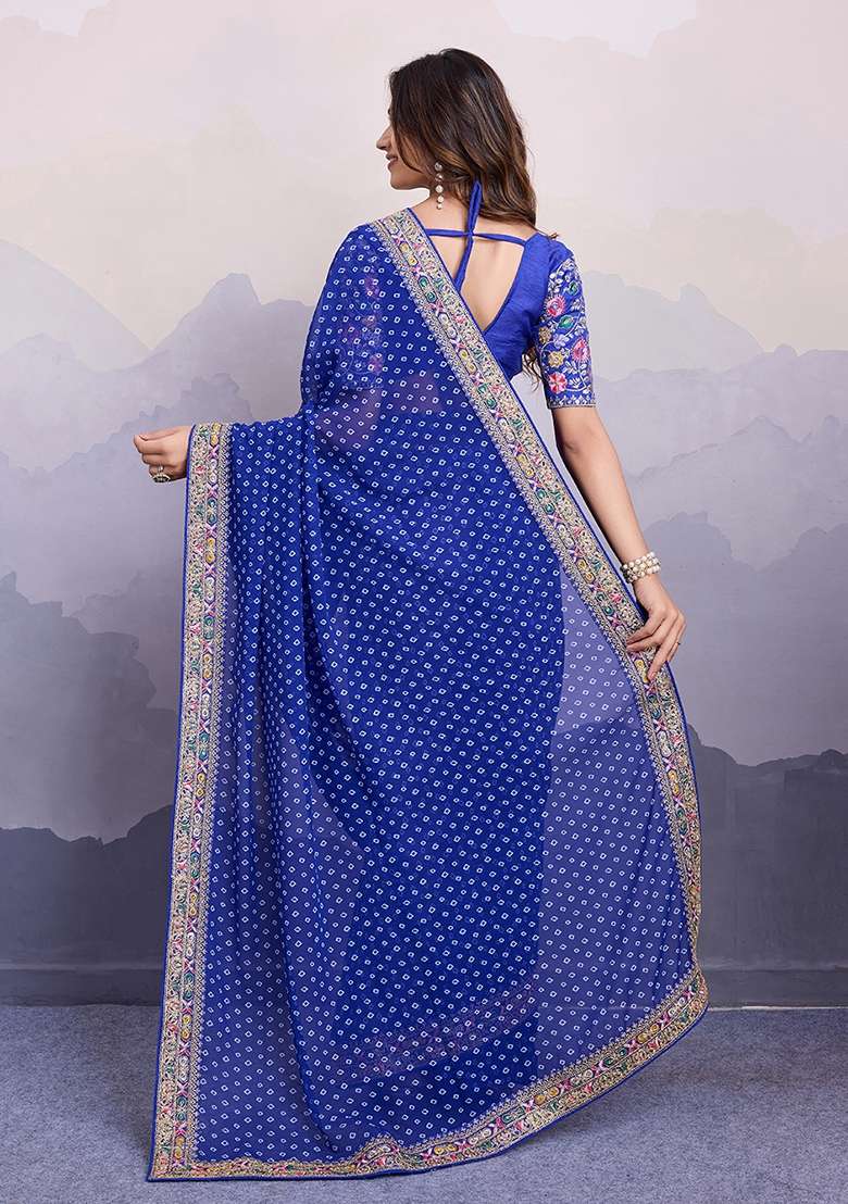 Blue faux georgette Saree Set with Embroidered for Diwali | Wedding & Festive Wear - Indya