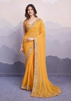 Yellow Embroidered faux georgette Saree Set