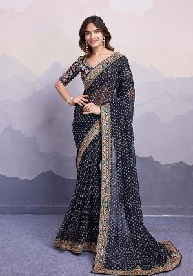 Black Embroidered faux georgette Saree Set