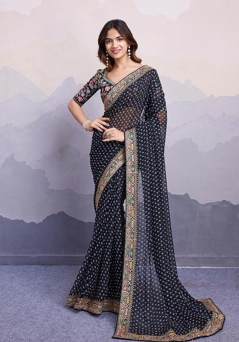 Black Embroidered faux georgette Saree Set