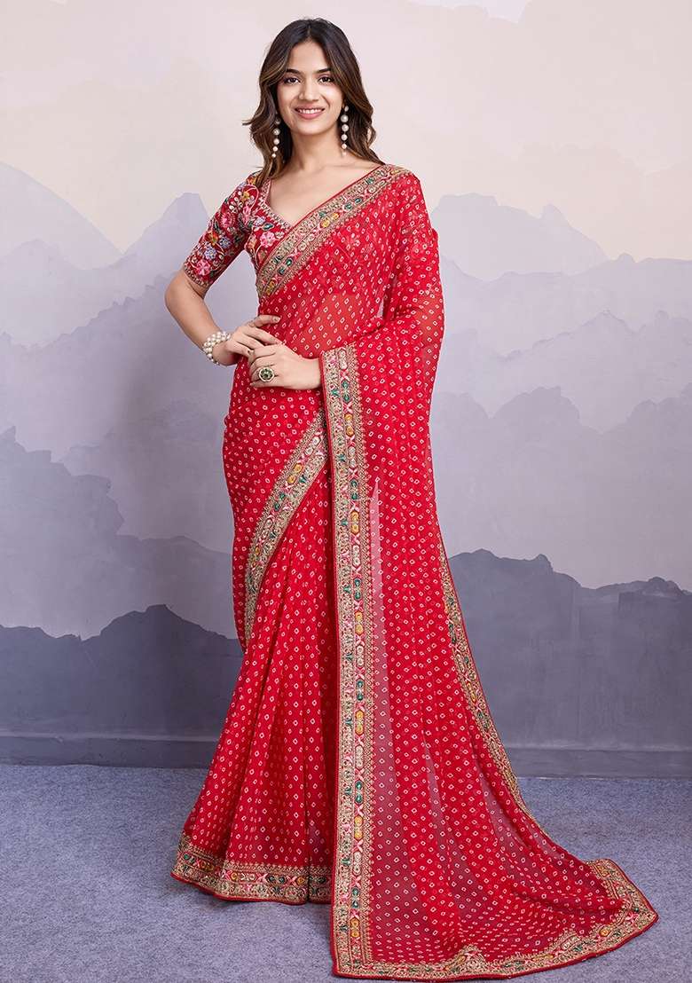 Red faux georgette Saree Set with Embroidered for Diwali | Wedding & Festive Wear - Indya