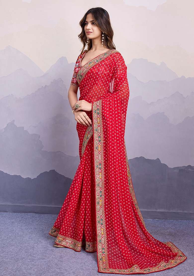 Red faux georgette Saree Set with Embroidered for Diwali | Wedding & Festive Wear - Indya