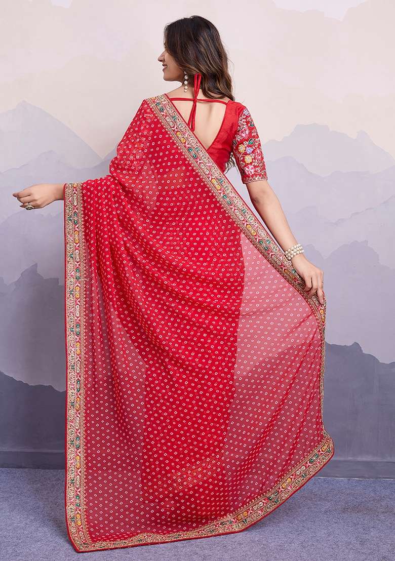 Red faux georgette Saree Set with Embroidered for Diwali | Wedding & Festive Wear - Indya