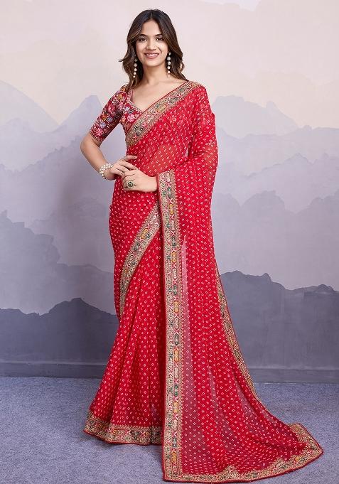 Red Embroidered faux georgette Saree Set