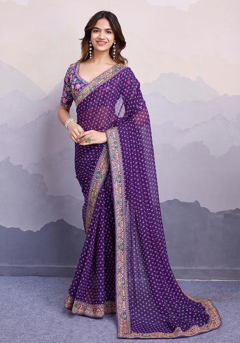 Purple Embroidered faux georgette Saree Set