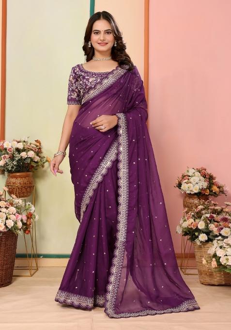 Wine Embroidered Organza Saree Set