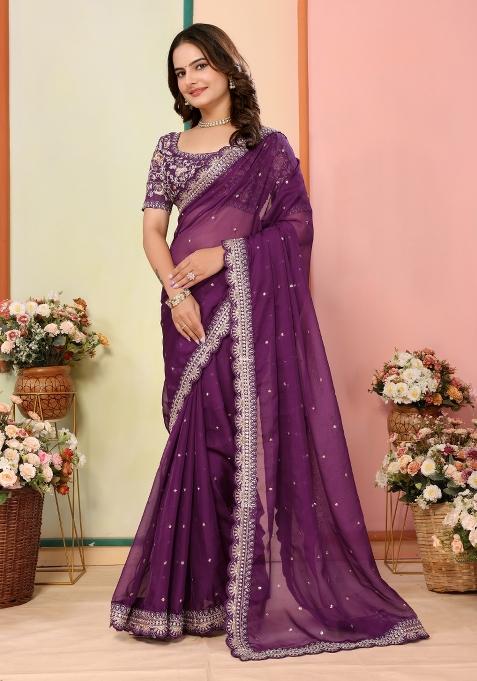 Wine Embroidered Organza Saree Set