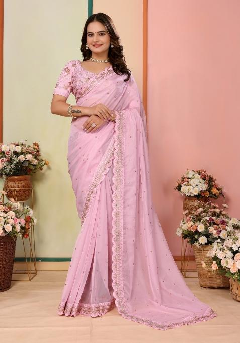 Pink Embroidered Organza Saree Set — view on Indya
