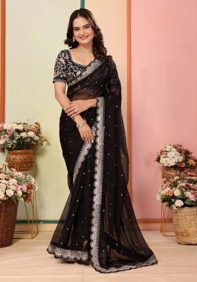 Black Embroidered Organza Saree Set