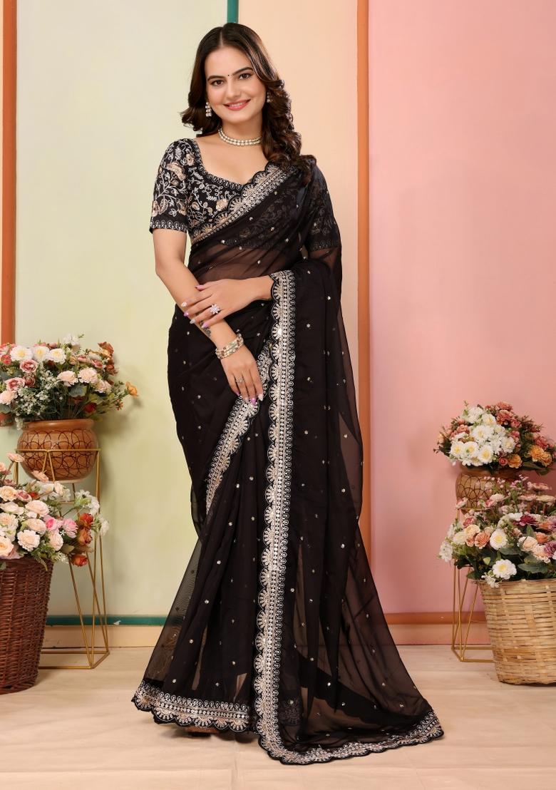 Black Embroidered Organza Saree Set