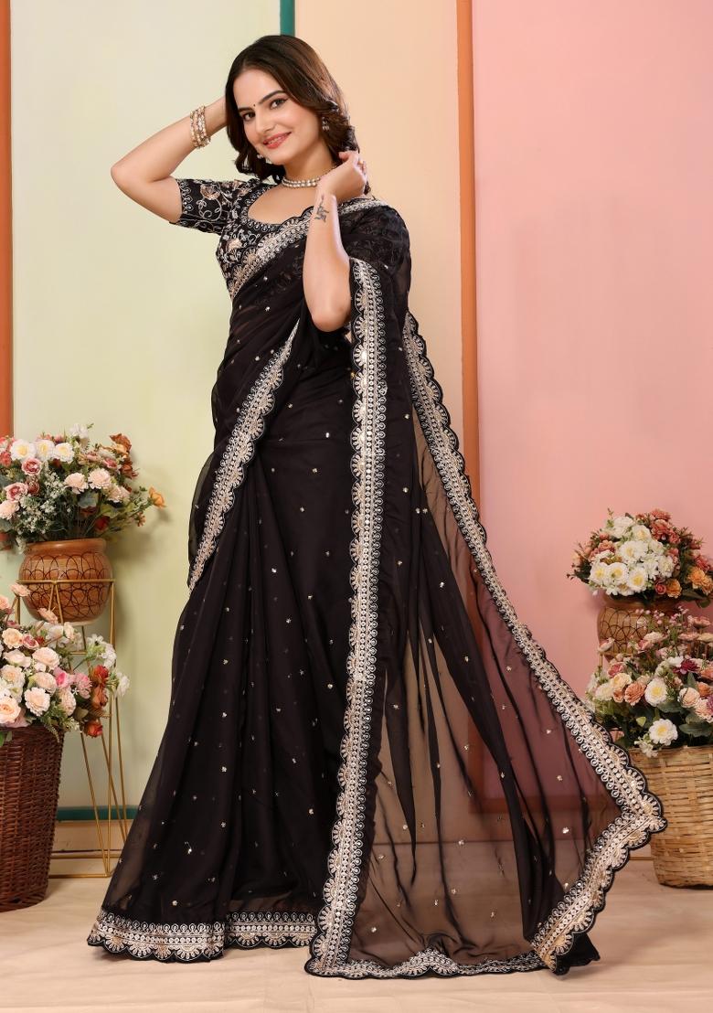 Black Embroidered Organza Saree Set