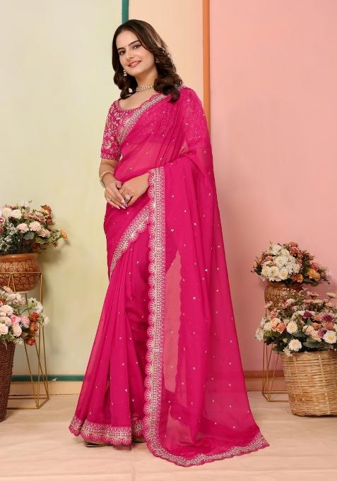 Pink Embroidered Organza Saree Set