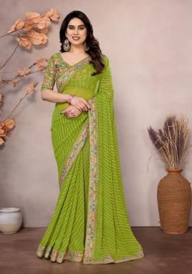 Green Embroidered faux georgette Saree Set