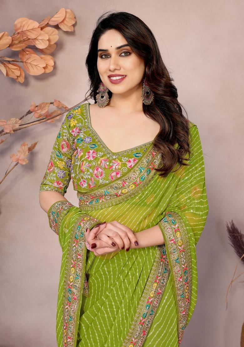 Green Embroidered faux georgette Saree Set - Indya