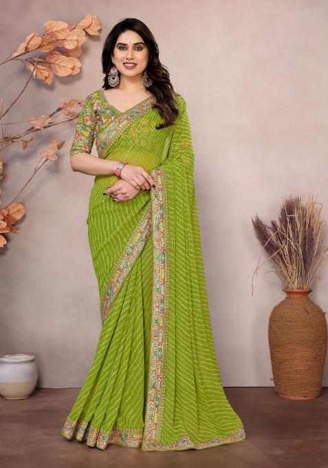 Green Embroidered faux georgette Saree Set