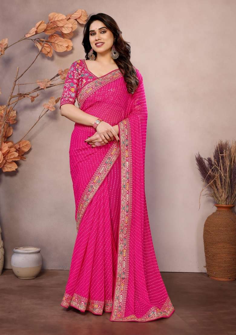 Pink faux georgette Saree Set with Embroidered for Diwali | Wedding & Festive Wear - Indya