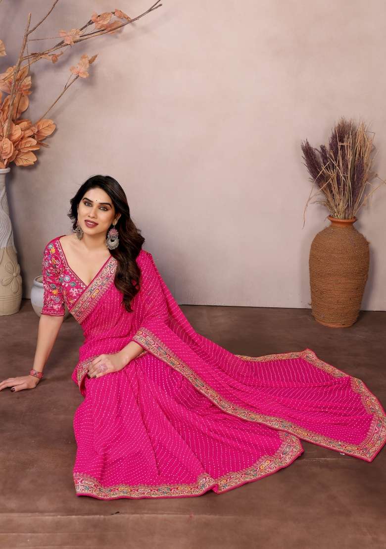 Pink faux georgette Saree Set with Embroidered for Diwali | Wedding & Festive Wear - Indya