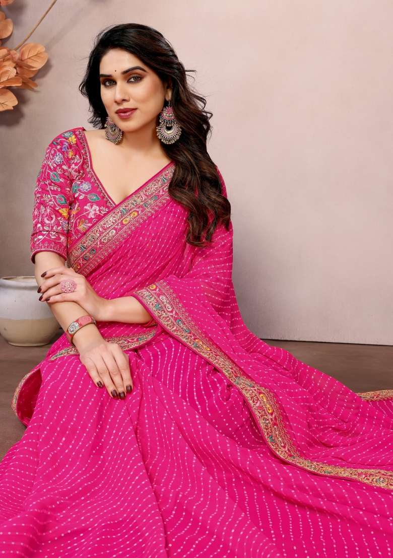 Pink faux georgette Saree Set with Embroidered for Diwali | Wedding & Festive Wear - Indya