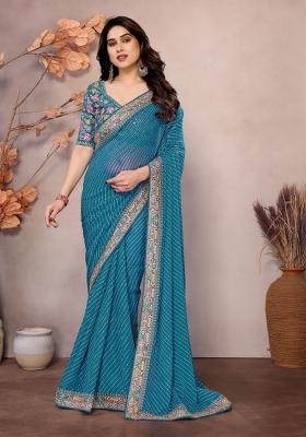 Green Embroidered faux georgette Saree Set