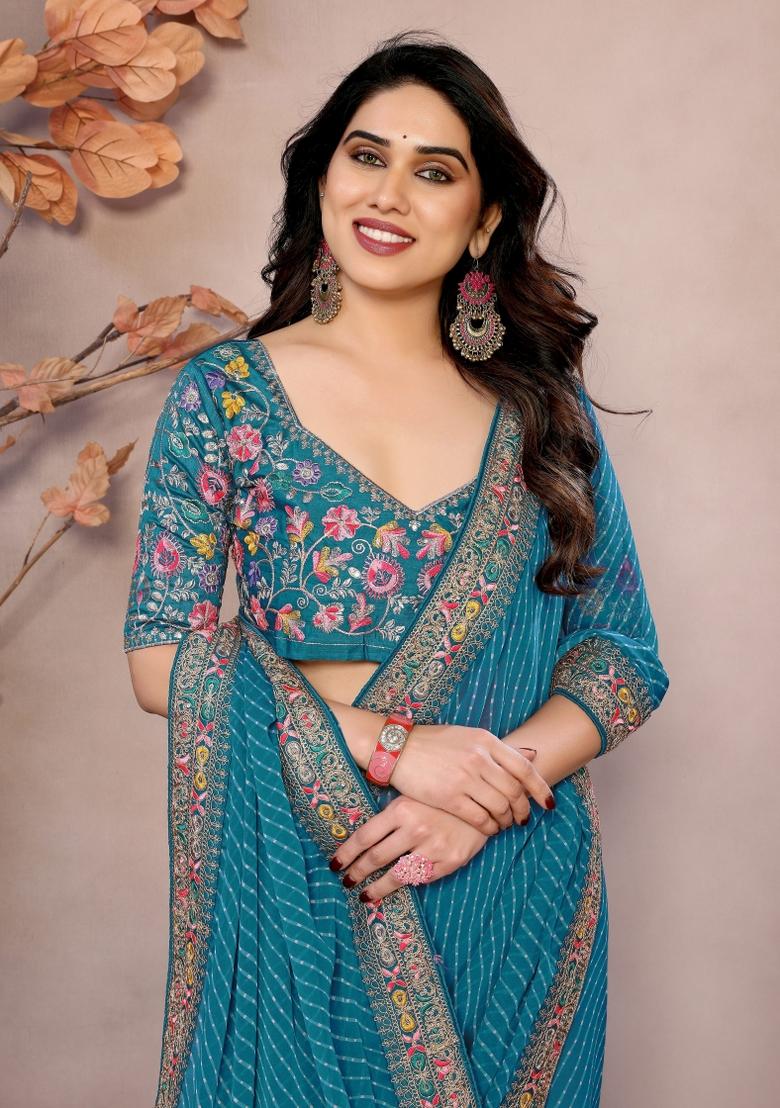 Green Embroidered faux georgette Saree Set - Indya