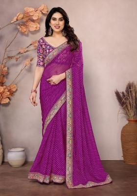 Purple Embroidered faux georgette Saree Set