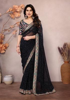 Black Embroidered faux georgette Saree Set