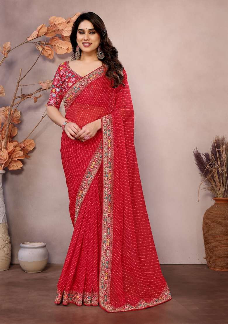 Maroon Embroidered faux georgette Saree Set for Diwali and Festive Wear - Indya