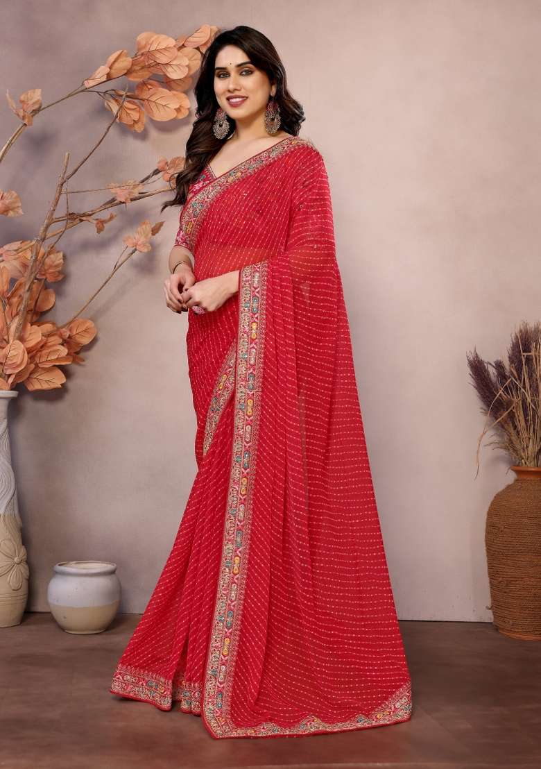 Maroon Embroidered faux georgette Saree Set for Diwali and Festive Wear - Indya