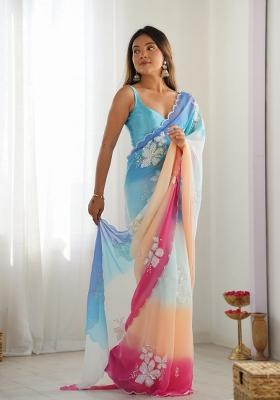 Blue Printed faux georgette Saree Set