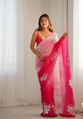 Pink Printed faux georgette Saree Set