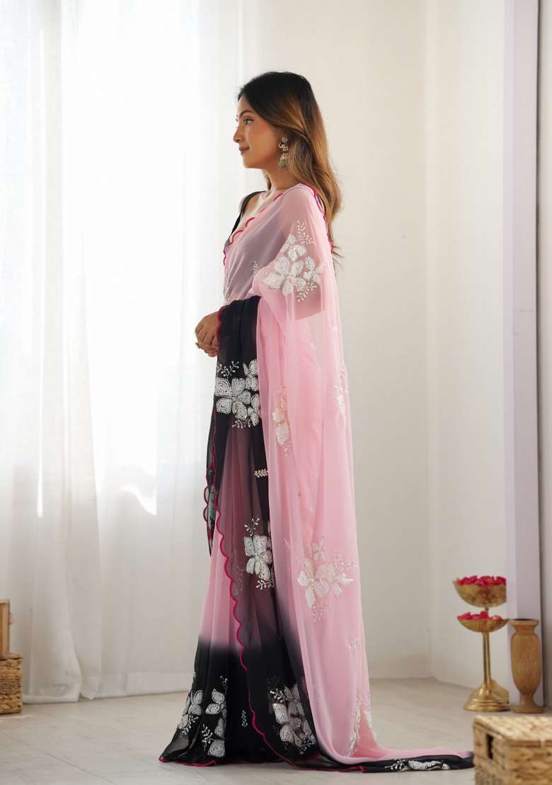 Pink Printed faux georgette Saree Set - Indya