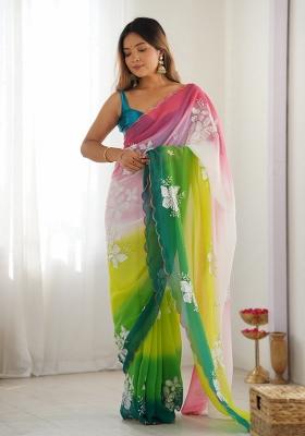 Green Printed faux georgette Saree Set