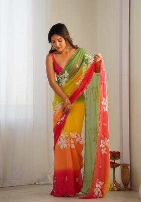 Yellow Printed faux georgette Saree Set