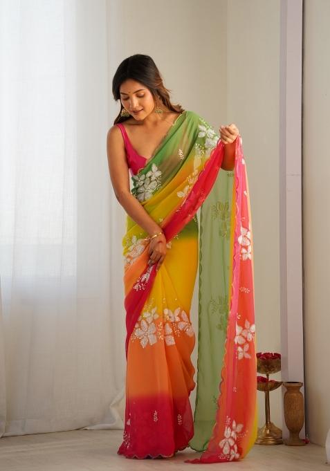 Yellow Printed faux georgette Saree Set