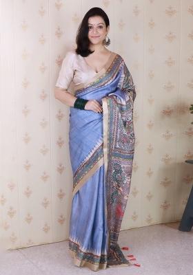 Grey Embroidered Silk Saree Set