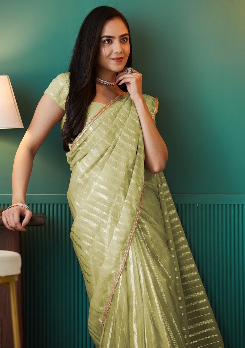 Green Printed Organza Saree Set