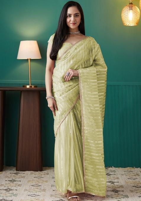 Green Printed Organza Saree Set