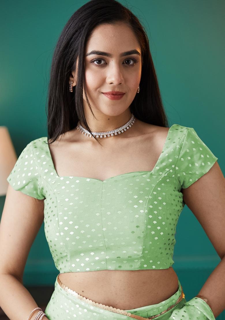 Green Printed Organza Saree Set - Indya